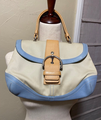 COACH Vintage Soho Style Off White Blue Tan Leather Hand Bag Purse No 4432
