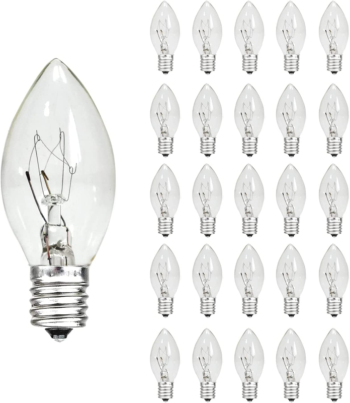 25 Pack C7 Clear Bulbs, 5W Incandescent Christmas Light Bulbs, E12/C7 Bulb Warm