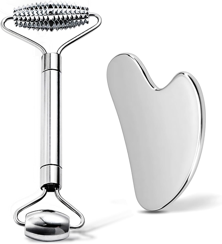 Gua Sha Facial Tools and Face Roller Set, Lymphatic Drainage Massager，Stainless Steel Facial Sculpting Eyes Roller Guasha for Face, Chin & Jawline Sculpting，Skin Care, Lifting with Travel Pouch
