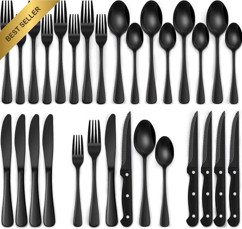 Black Silverware Flatware 24PC for 4 SS Steak Knife Mirror Finish Cutlery