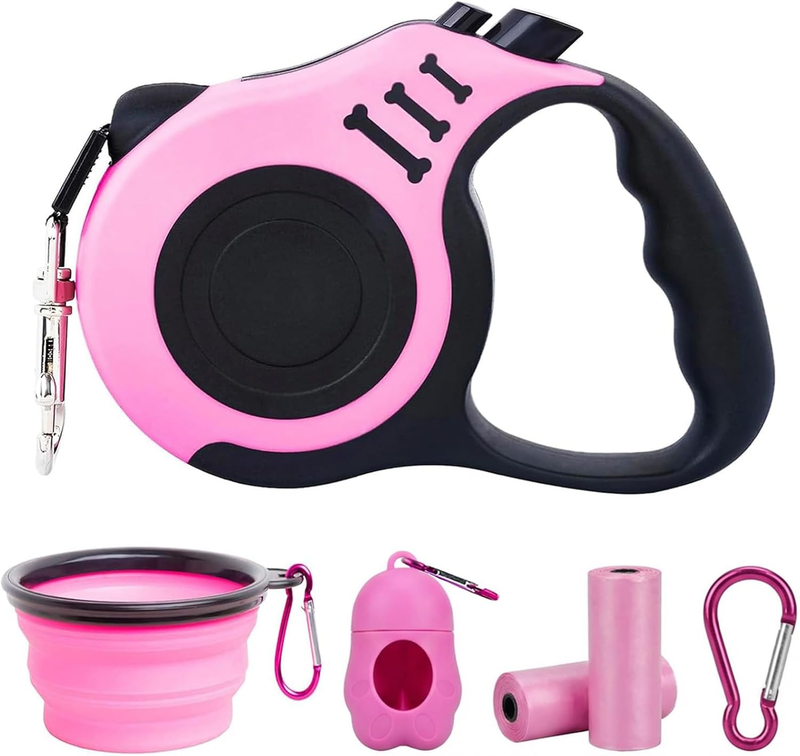 Retractable Dog Leash 16FT Set Folding Bowl Waste Bag Dispenser Small Dogs Pink