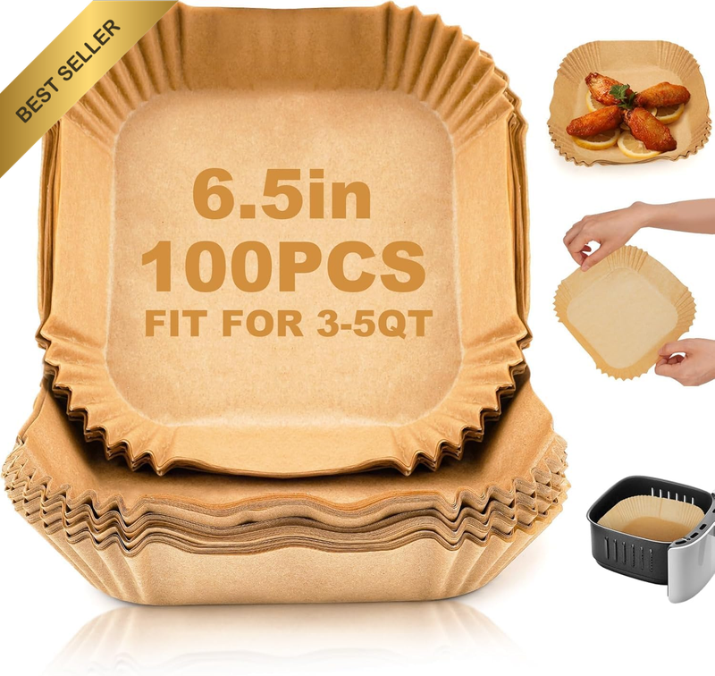 Air Fryer Paper Liner Disposable - 100PCS 6.5 Inch Square Liners for Air Fryer,