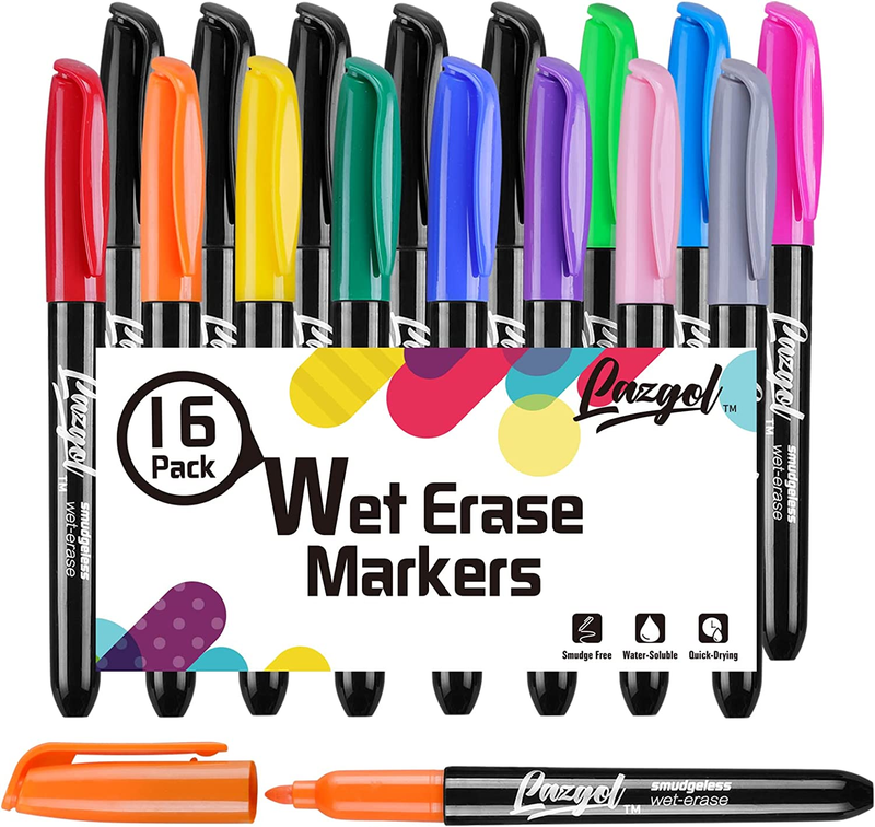 Wet Erase Markers, Lazgol Bulk Pack of 16 (12 Vibrant Colors