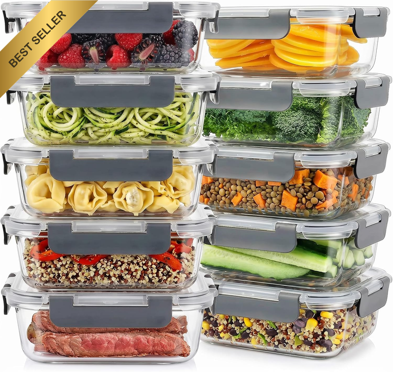 Glass Meal Prep Containers 10 Pack, 5 Small 12.5Oz & 5 Large 35.8Oz Food Storage