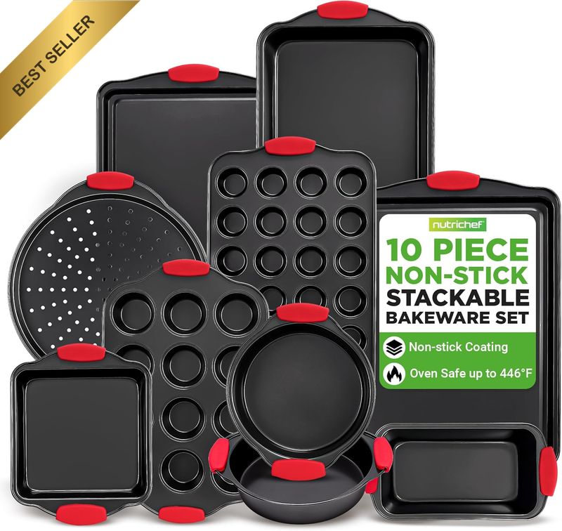 10PC Non-Stick Oven Baking Pans Set Gray Coating Red Silicone Handles