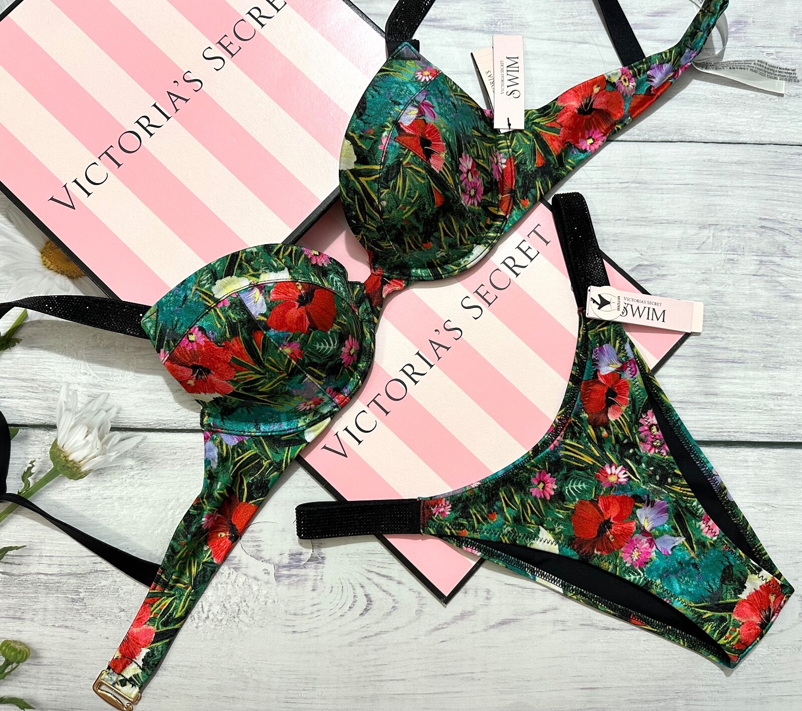 VICTORIAS SECRET SWIM Shine Strap Sexy Tee Push-Up Bikini Бразильский комплект Tropical