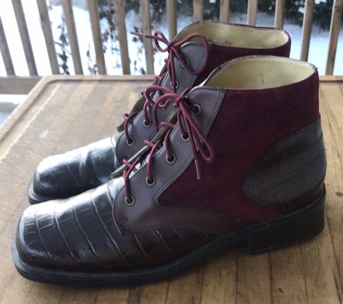 Vintage Boots 1990s Red Croco Suede Leather Size 9.5 Lace Up Spring Ladies Shoes