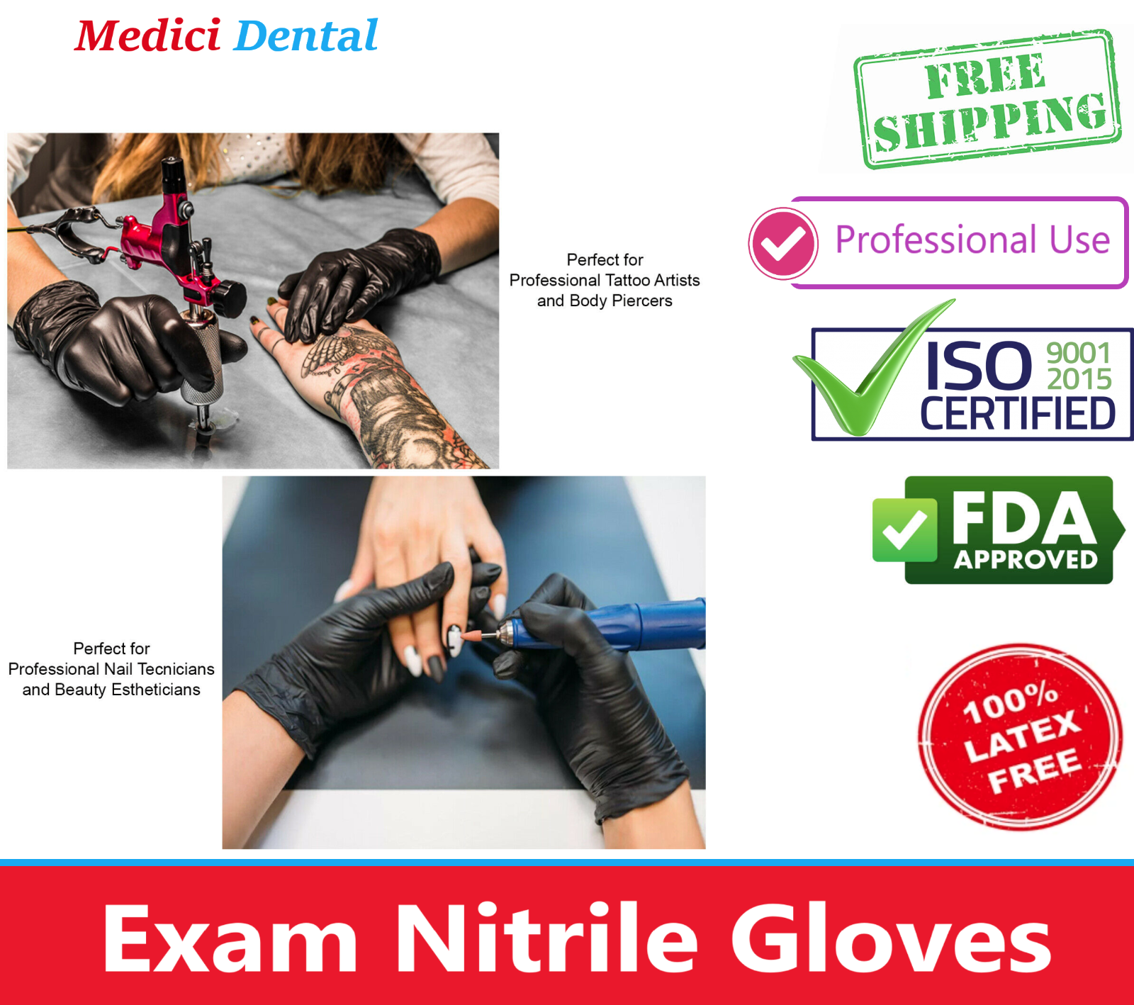 Tattoo Nitrile Exam Gloves Black Emerald, FDA Approved, 3 ml Thick, Upto 1000/Bx