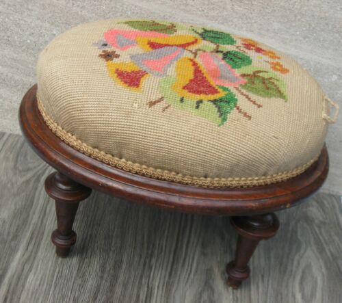 Antique OVAL Needlepoint FOOTSTOOL Primitive Colonial Mahogany FLORAL FOOT REST 