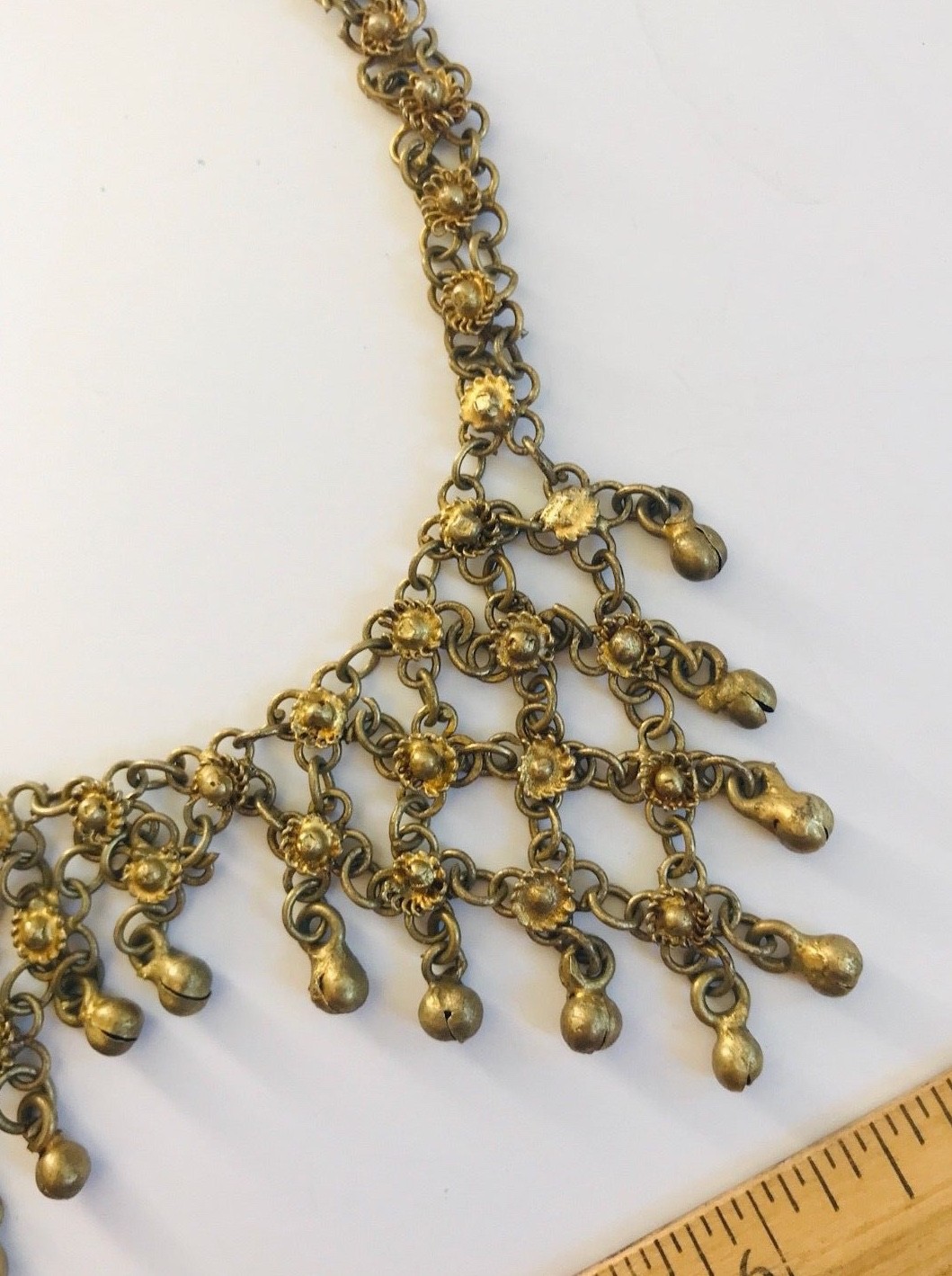 Vintage Gypsy Tribal Belly Dancing Gold Tn Brass Chainmail Collar Bells Necklace