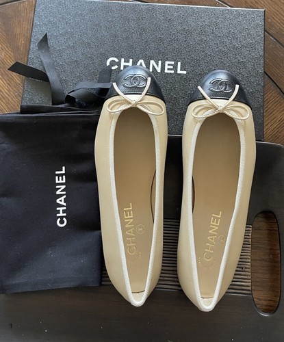 Pre-owned Chanel Beige Lambskin Cap Toe Ballerina Flats Choose Your Size In Black / Beige