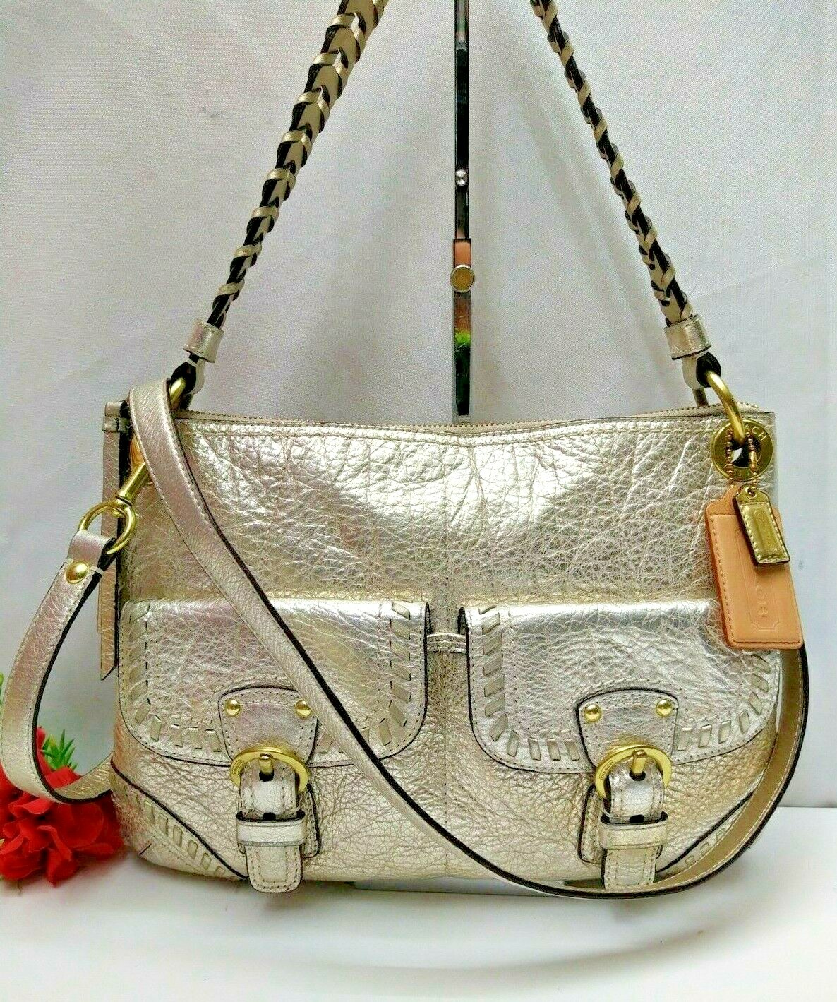 COACH Poppy バッグ ネイビー/ゴールド Authentic COACH Poppy #15304 Gold Leather & Gold Sparkle