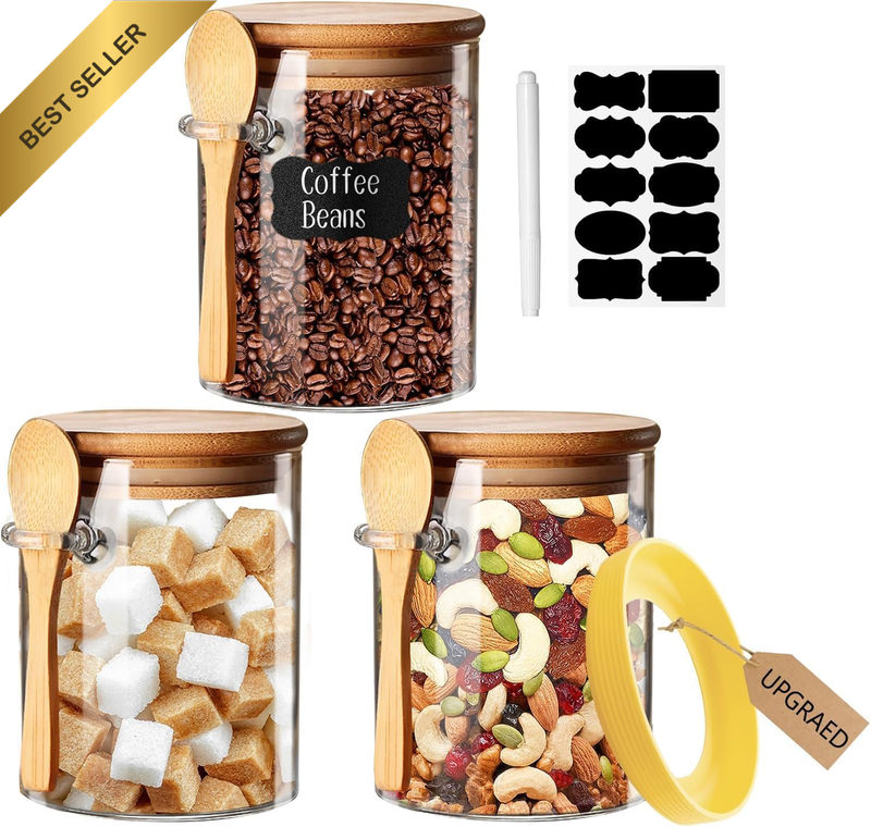 Glass Jars with Airtight Lid & Spoon, 530ml, for Oats, Spice, Tea, Coffee