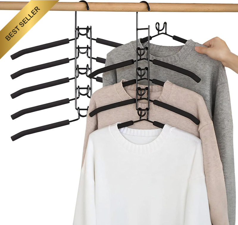 2 Black 5-in-1 Space-Saving Hangers Padded Non-Slip Heavy-Duty