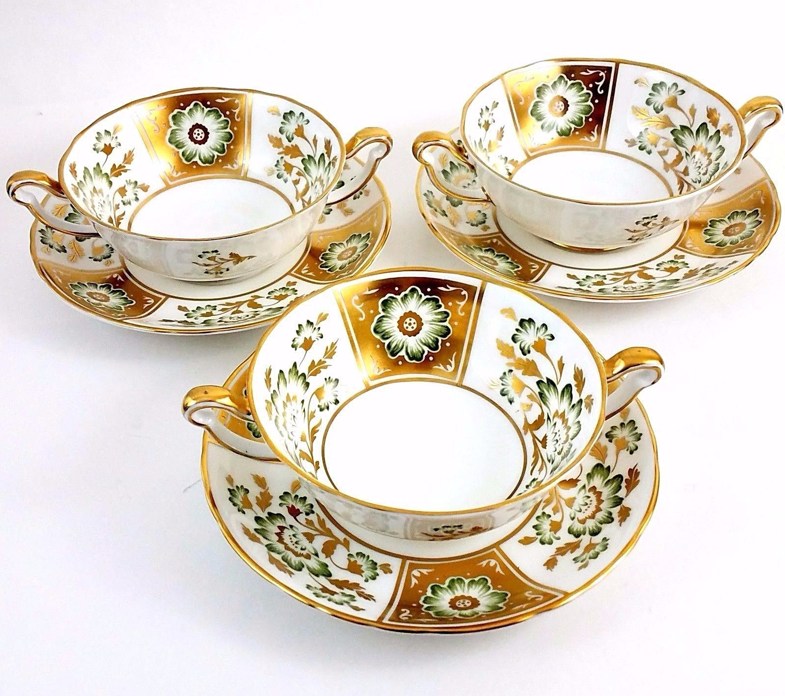 ROYAL CROWN DERBY Panel Green 12 Sets Cream Soup Bowl/s & Saucer Plate/s Handles