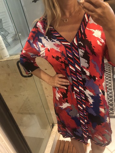 BCBG MAX AZRIA Red Blue White Combo Printed Dress L Large