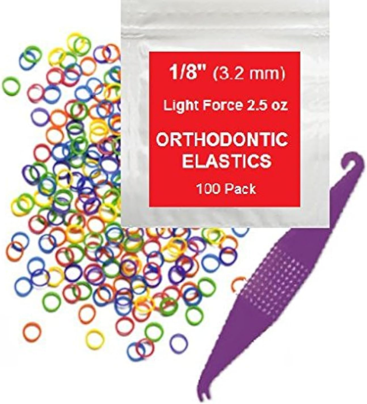 Bandas de goma elásticas de ortodoncia de 1/8 de pulgada - Paquete de 100, neón, fuerza ligera 2.5 oz