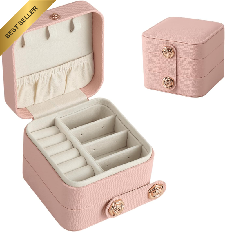Small PU Leather Travel Jewelry Organizer Box 2 Layers Pink