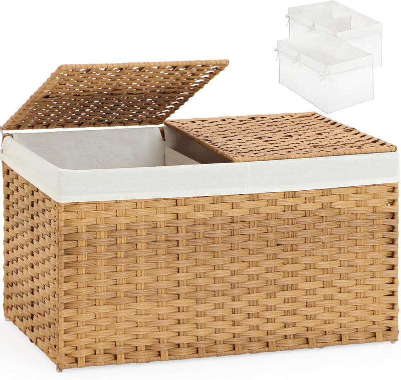 Storage Basket with Lid Rattan Woven Storage Baskets with 2 Separate Lids, 17.2 Gallon (65 L), 22 X 13 X 13.8 Inches,Foldable, 2 Removable Liner Bags Handles for Bedroom, Laundry Room Natural