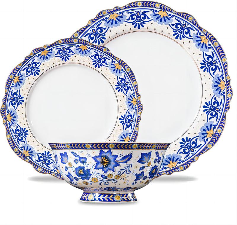 12-Piece Bone China Dinnerware Set, Blue and White Vintage Floral Dinnerware Set Service for 4, Lightweight Plates and Bowls Set with Gift Box