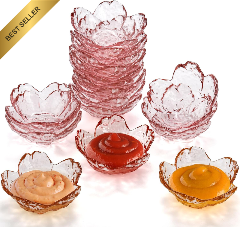 Set of 16 Glass Soy Sauce Dish, Sakura Shape Pink Dipping Bowls, Small Seasoning