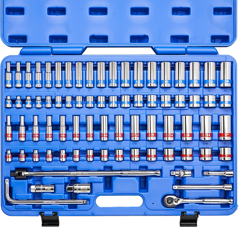 02472A 3/8-Inch-Drive Colored Mechanics Tool Ratchet, Socket Set, 76-Piece Stand