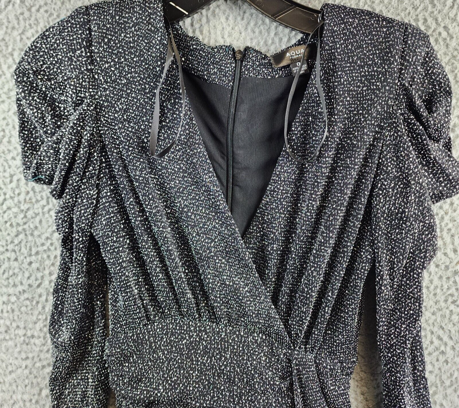 Aqua Metallic Faux Wrap Dress Women's 0 Black/Silver V-Neck Long Sleeve Back Zip - Picture 3 of 14