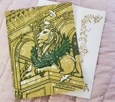 Vtg Christmas Card FORTITUDE LION New York Library Unused Retro QUACKENBUSH USA