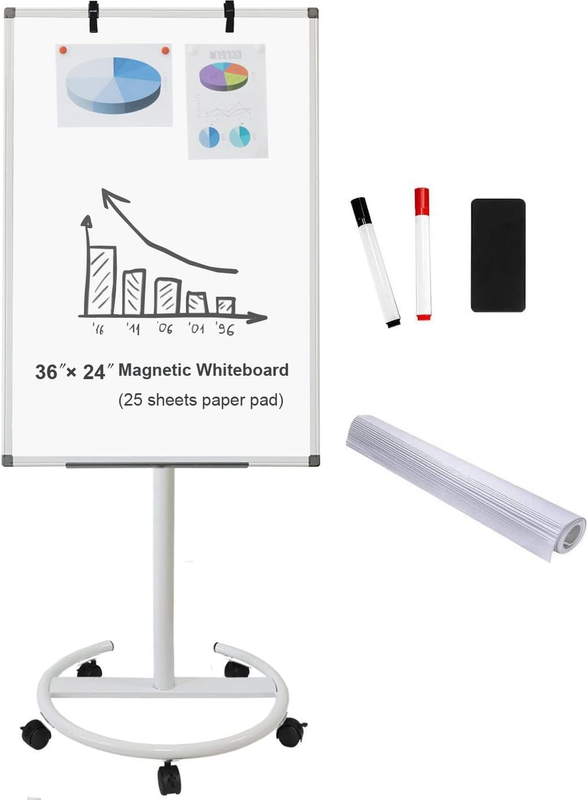 Mobile Dry Erase Board – 36X24 Inches Magnetic Portable Whiteboard Stand Adjustable Easel White Board Flipchart Easel Board with 25 Sheets Paper Pad 1 Eraser, 2Markers (24X 36 Inches)