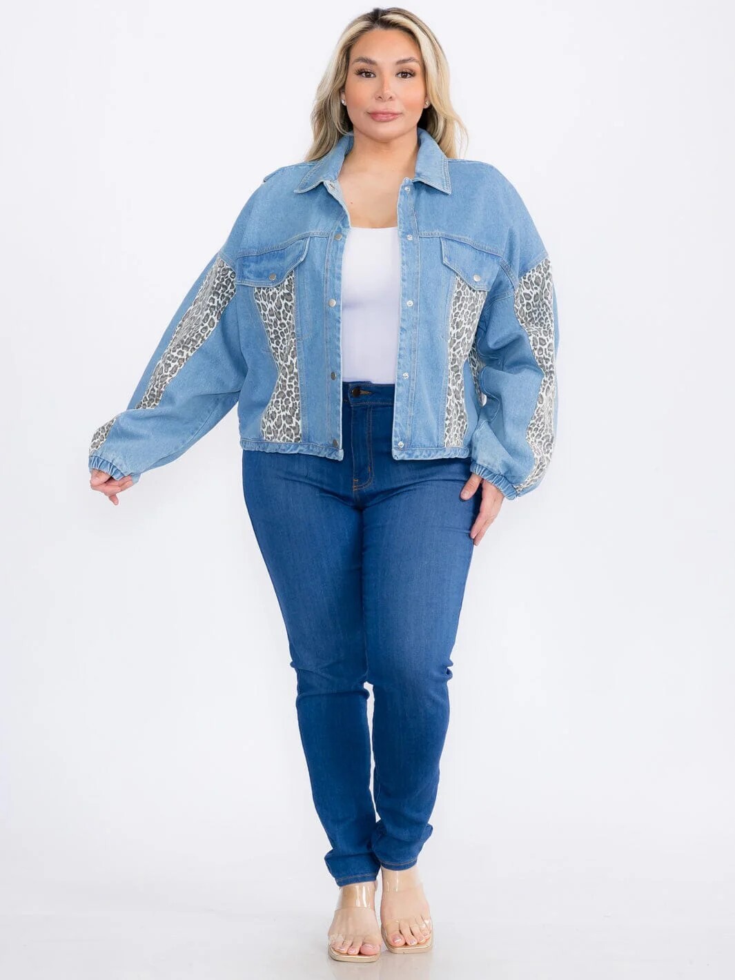Womens Plus Size Light Blue Denim Animal Print Jacket 1X