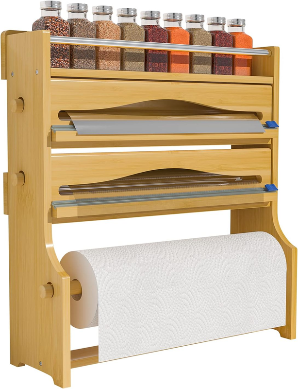 Bamboo Wrap Organizer Foil Plastic Wrap Dispenser Cutter Paper Towel Holder