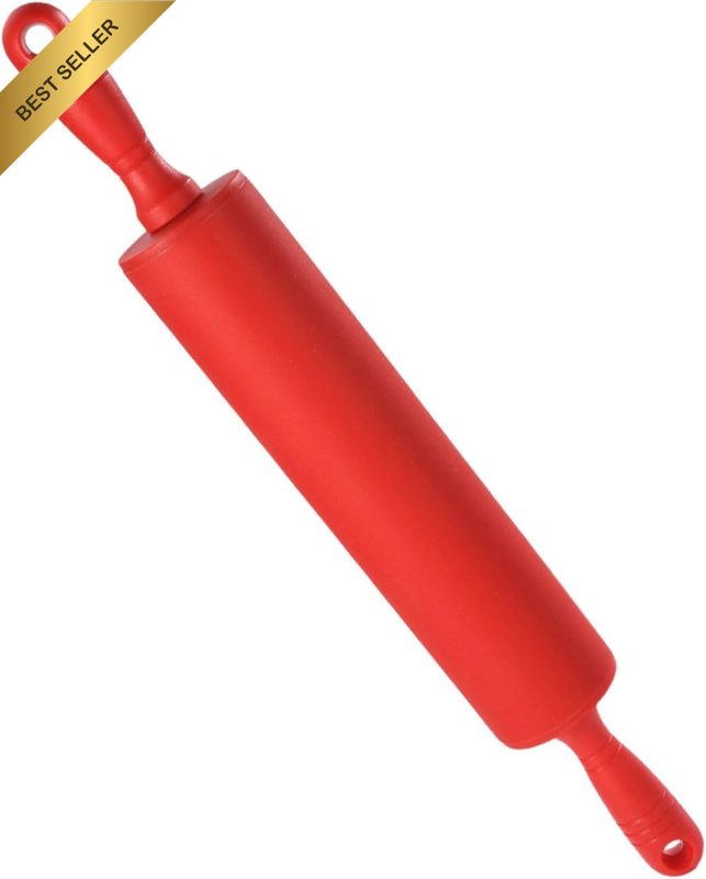 Red Silicone Rolling Pin, 20 Inch Non-Stick Dough Roller, Kitchen Baking Tool wi