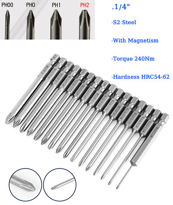 1/4'' Hex Cord Less Drill Phillips Screwdriver Bit Magnetic Tip Extra Long Set