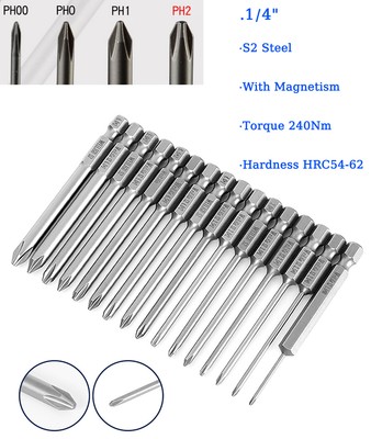 1/4'' Hex Cord Less Drill Phillips Screwdriver Bit Magnetic Tip Extra Long Set