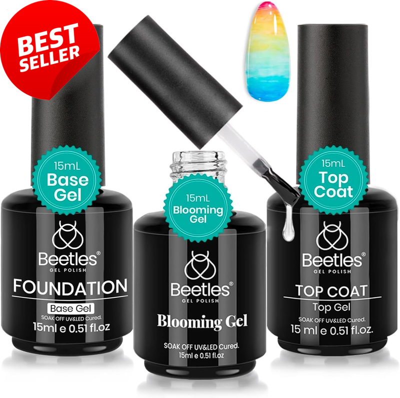 Beetles Blooming Gel, No Wipe Base Top Coat Set, 3PCS, UV Soak-Off Marble Effect