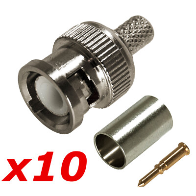 10 Pack Lot - RG59 3pc Coax Coaxial Male BNC Crimp-On Connector Plug Ends CCTV