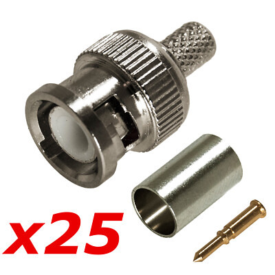25 Pack Lot - RG59 3pc Coax Coaxial Male BNC Crimp-On Connector Plug Ends CCTV