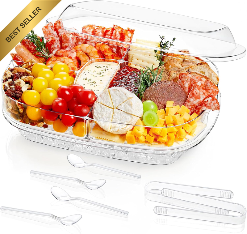 Chilled Serving Tray with Lid, 15" Party Platter with 6 Ice Cube Tray, Divided S