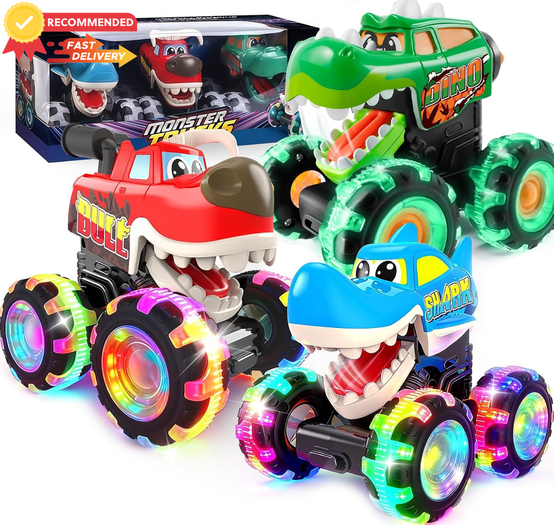 3-Pack LED Light-Up Toy Cars for Toddlers, Press & Go Dino Trucks Gift
