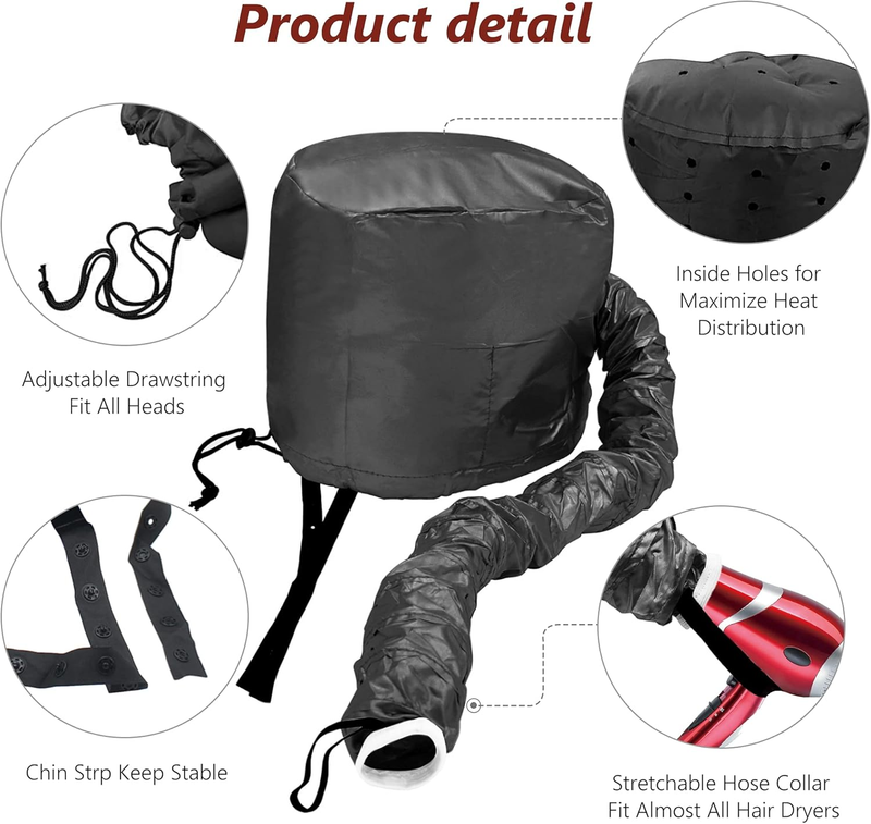Bonnet Hood Hair Dryer Attachment - Potable, Safety, Adjustable Hooded Bonnet fo