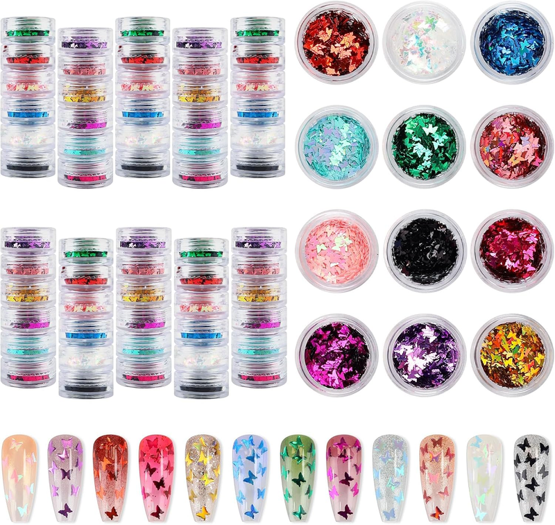 60 Pot Butterfly Nails Art Glitter Sequins,  Holographic Butterfly Nail Decals M