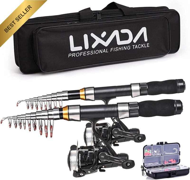 Fishing Rod Reel Combo Full Kit with 2.1M Telescopic Fishing Rods 2PCS Spinning