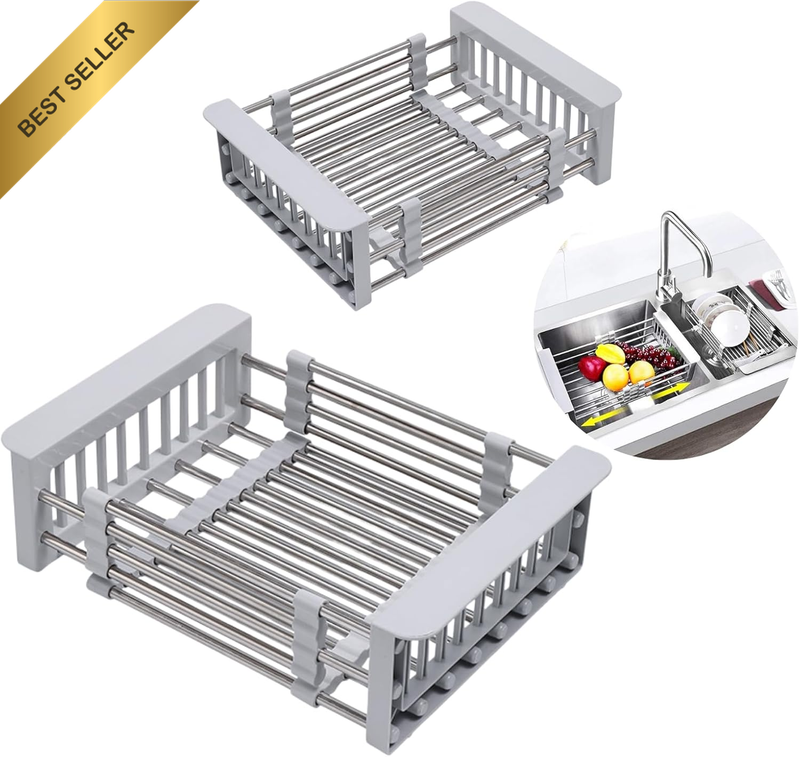 2 Pack over Sink Dish Drying Rack,With Adjustable Retractable Drain Basket,Stain