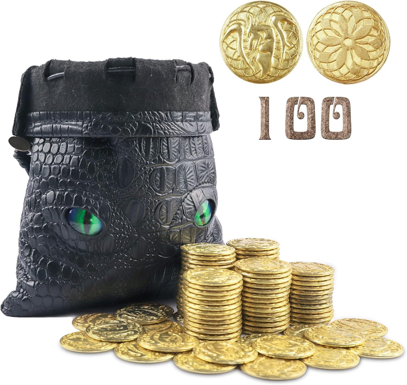 100 Metal Fantasy Coins with PU Fake Leather Pouch, Gold DND Coins for Board Gam