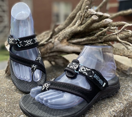 BCL ペナント 6枚 Skechers Women Size 6 M Black/ Thong Toe Sandals Hook Loop