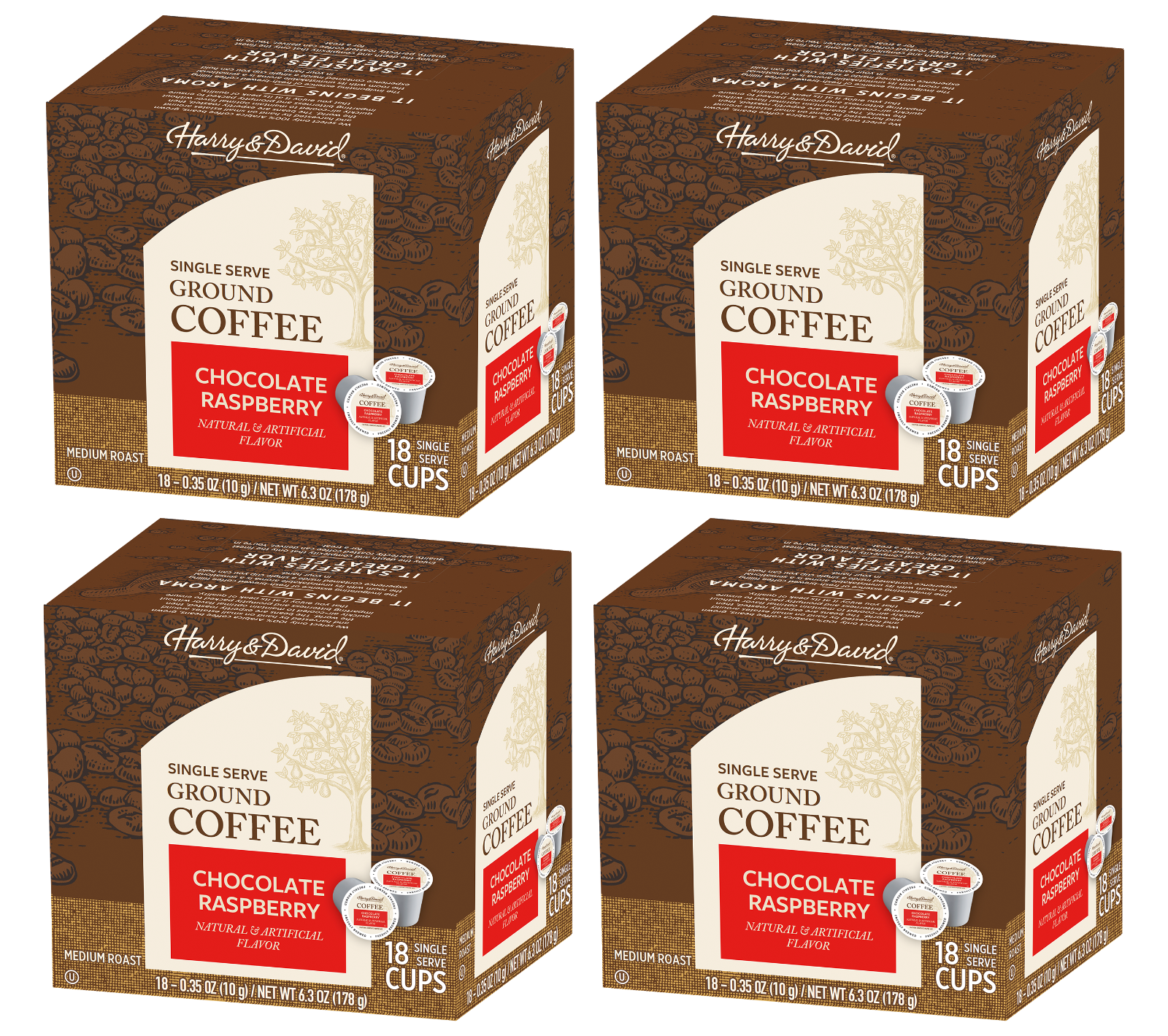Harry & David Gourmet Coffee, Chocolate Raspberry, 4/18 ct boxes (72 Cups)