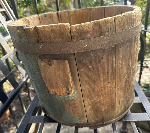 Antique Wood Staved Bucket Wash Tub Wrought Iron Band Grungy Blue Paint
