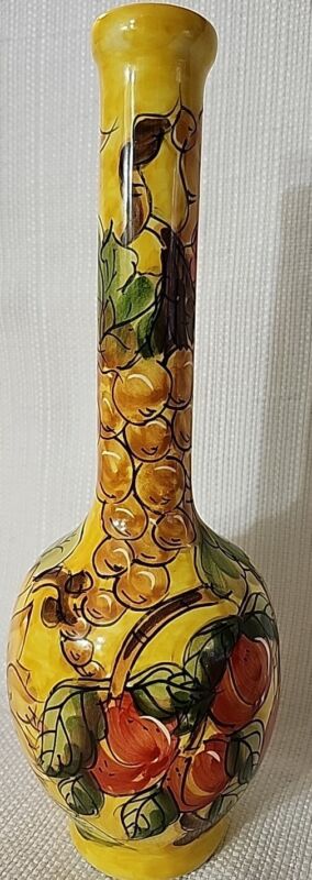 Vietri Made In Italy Hand Painted Bottle 10” Avallone Yellow W/Fruit And Flowers