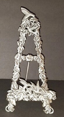 ~Hummingbird Floral Easel Photo Stand~Art Display~Ornate Heavy Pewter 9.5''~Nice~