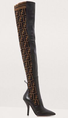 Pre-owned Fendi Rockoko Brown Ff Logo Stretch Knit Sock Thigh High Otk Heel Pump Boot 35